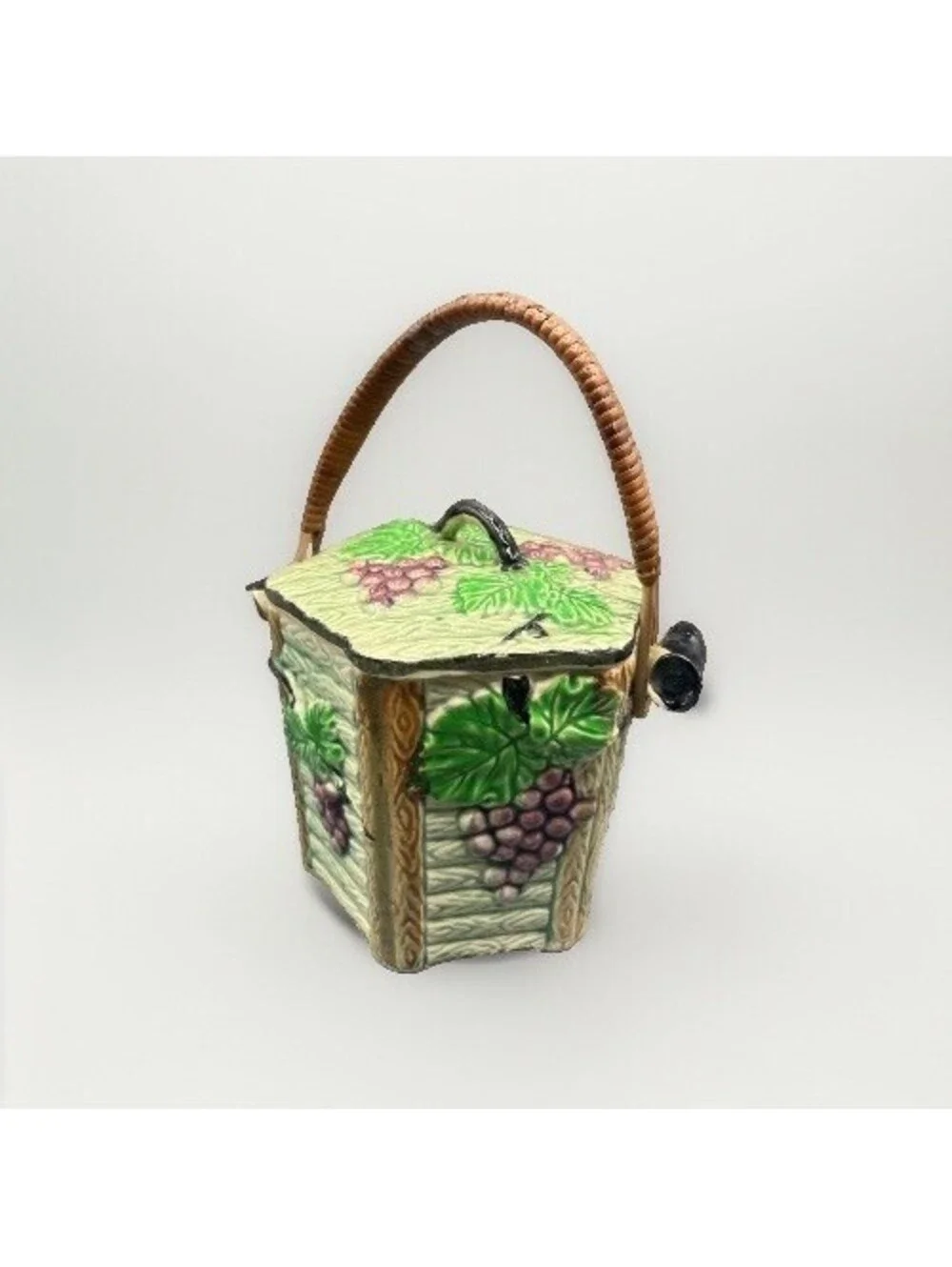 Vintage Japan Majolica Biscuit Cookie Jar Grape Vine Basket Handle Ceramic Lid